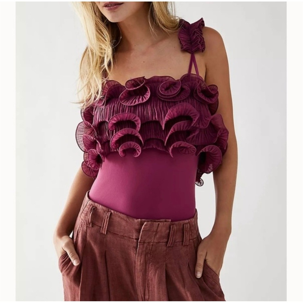 Intimately Free People For The Frill Of It Ruffle Bodysuit Small In Berry Wine